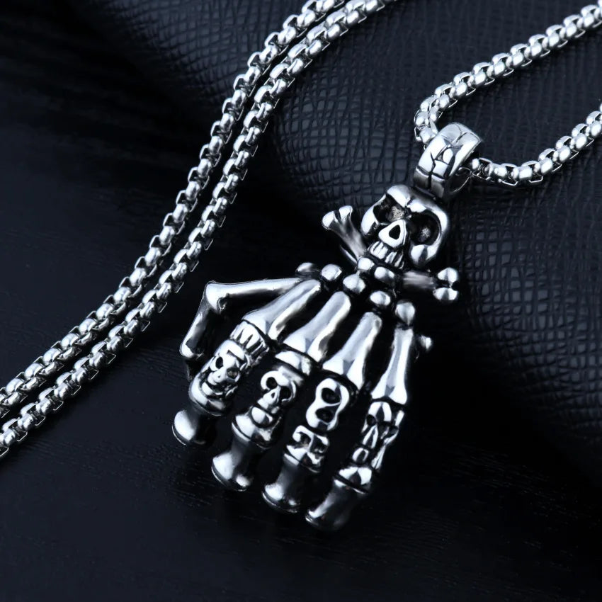 Silver Skull Hand Pendant Necklace Stainless Steel