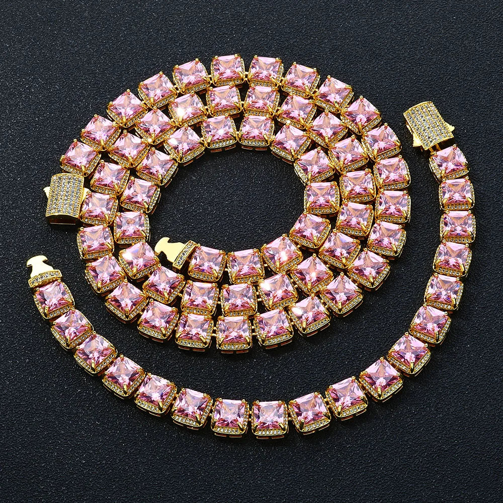 Tennis Chain Necklace Iced Out Pink Princess Cut