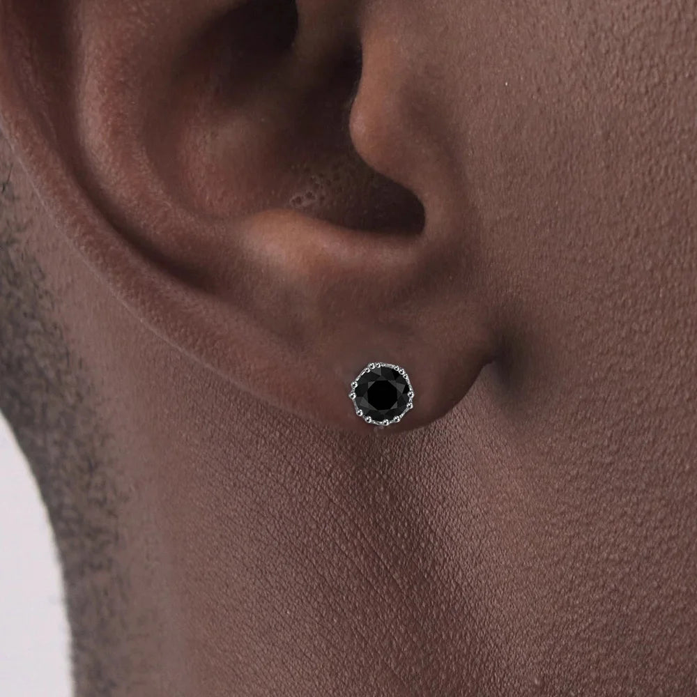 Black Crystal Stud Earrings — Silver