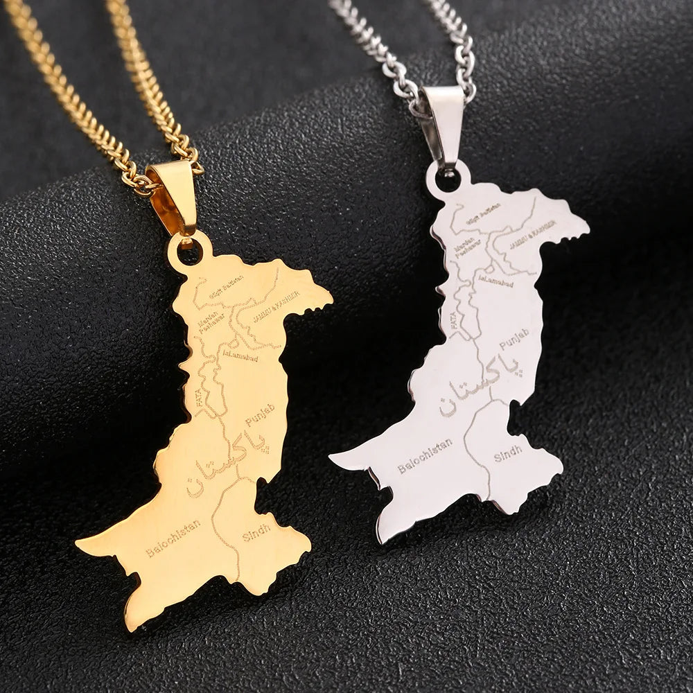 Pakistan Map Urdu Pendant Necklace — Stainless Steel