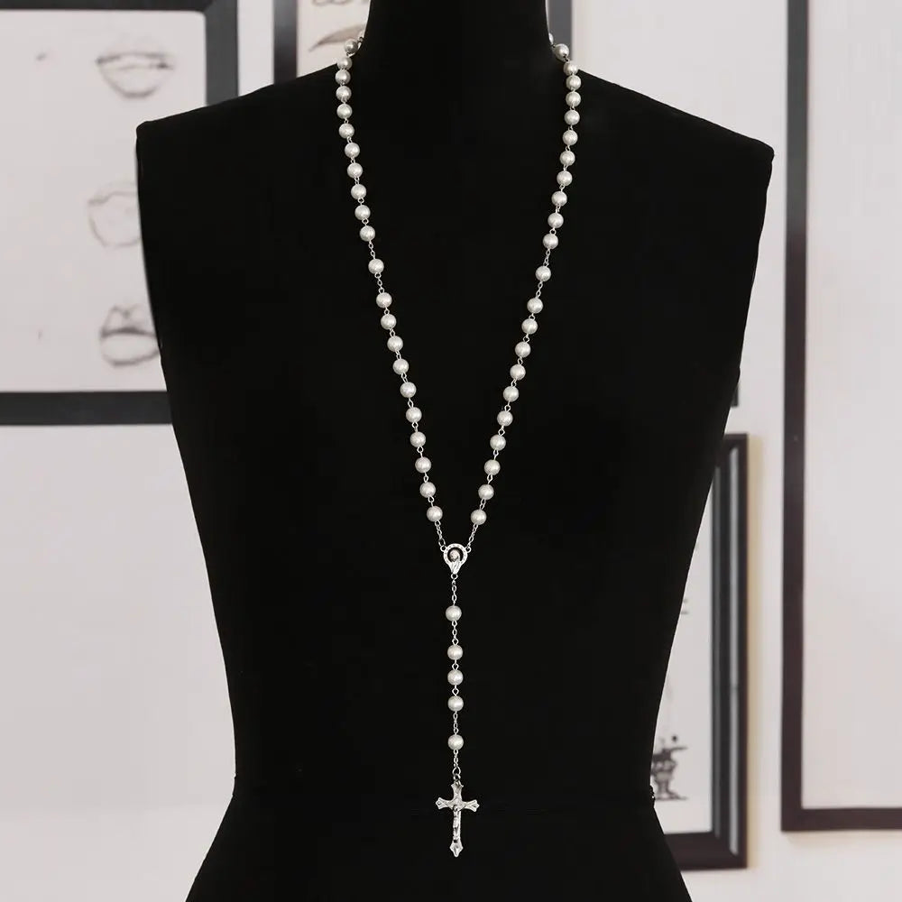 Vintage Catholic Rosary Necklace — Glass Bead Crucifix Cross