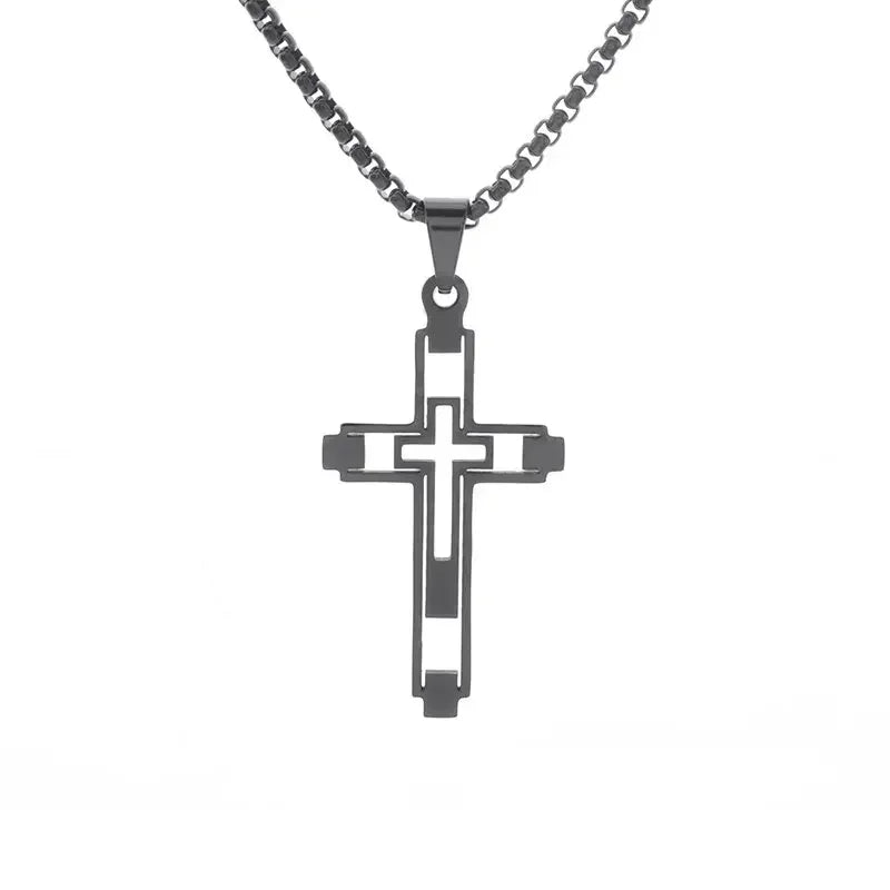 Vintage Christian Jesus Cross Stainless Steel Pendant Little Angel Prayer Necklace Men Women Faith Amulet Jewelry