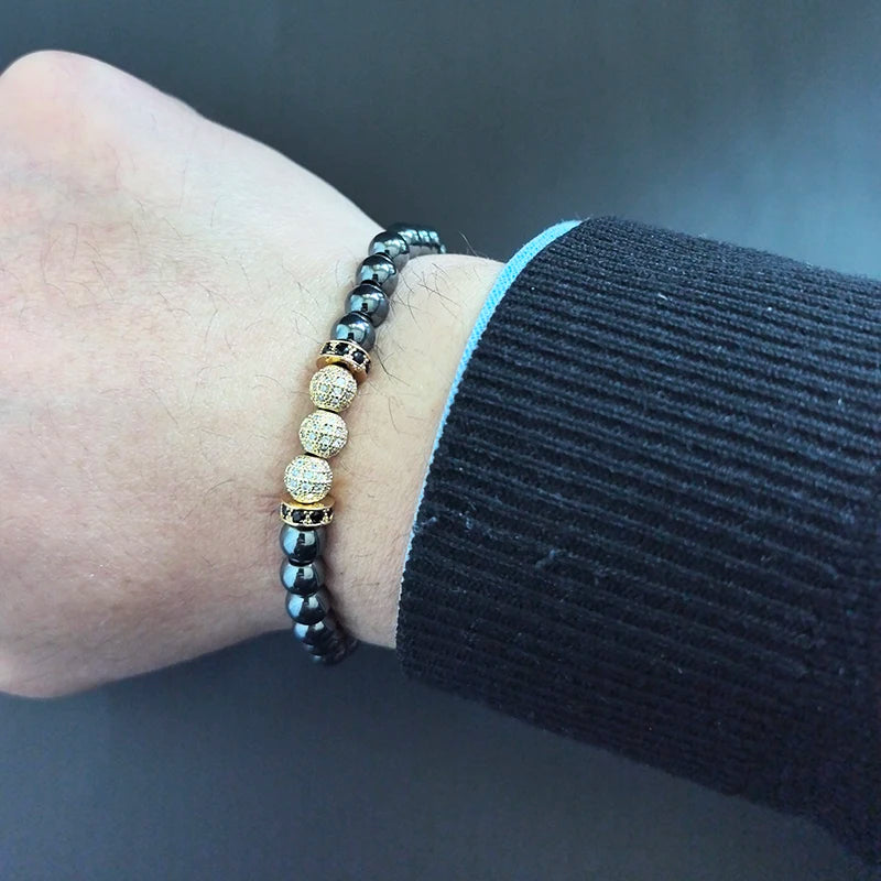 Luxury Natural Hematite Stone Beads CZ Ball Charms Man Bracelet For Women Hand Jewelry Gift For Boy