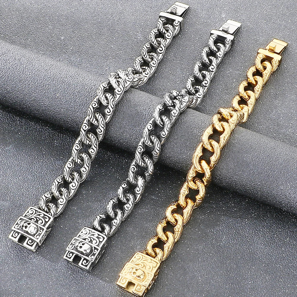 Punk Skeleton Jewelry Vintage Cuban Link Chain Bracelet for Man With Skull Head Clasp 316L Stainless Steel Bracelets