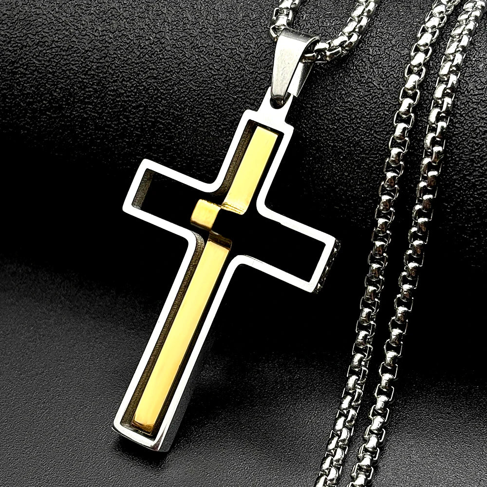 Christian Two-Tone Double Rotatable Cross Stainless Steel Jesus Amulet Pendant Necklace for Women Men Gold Color Chain