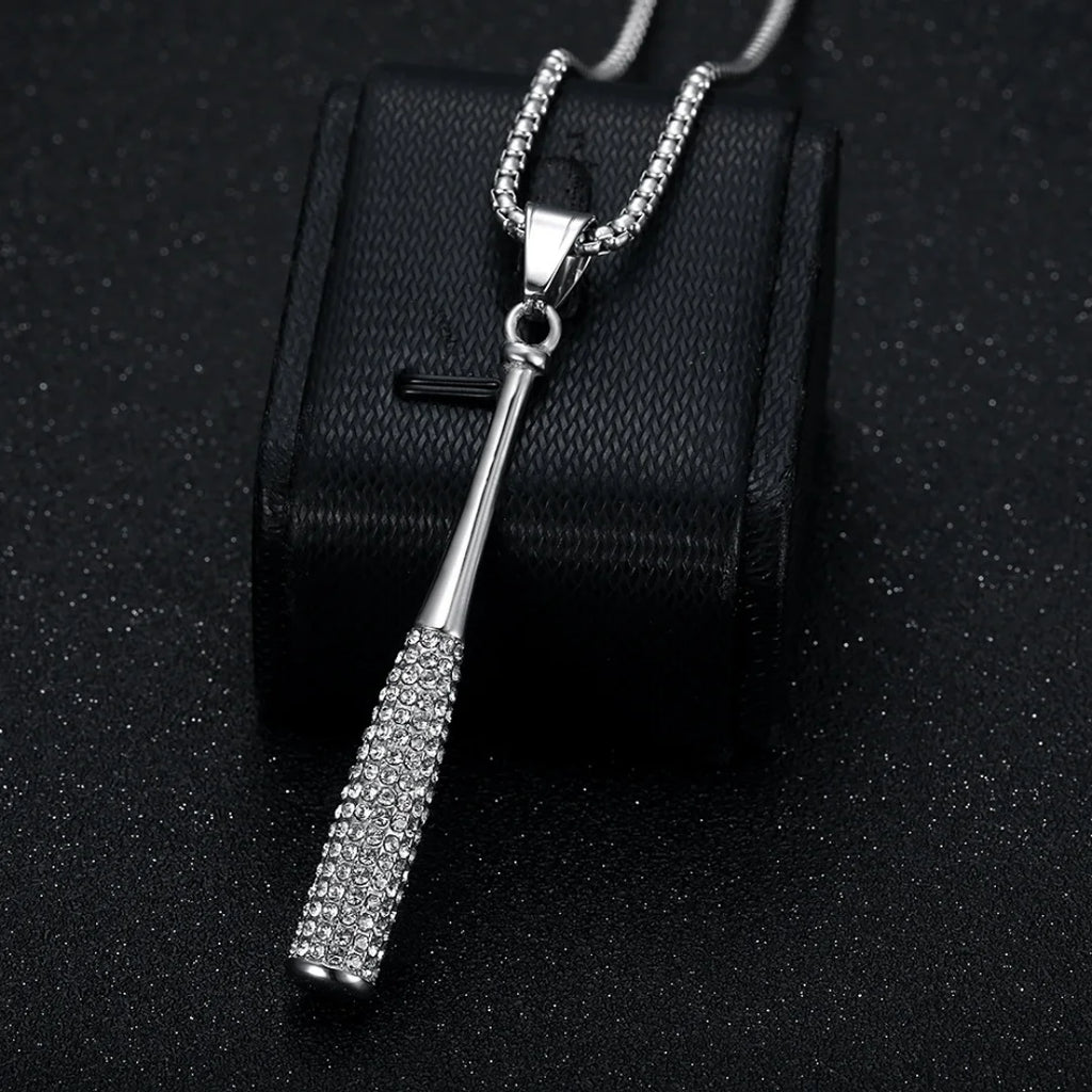Iced Out Baseball Bat Pendant Necklace — Two-Tone Steel