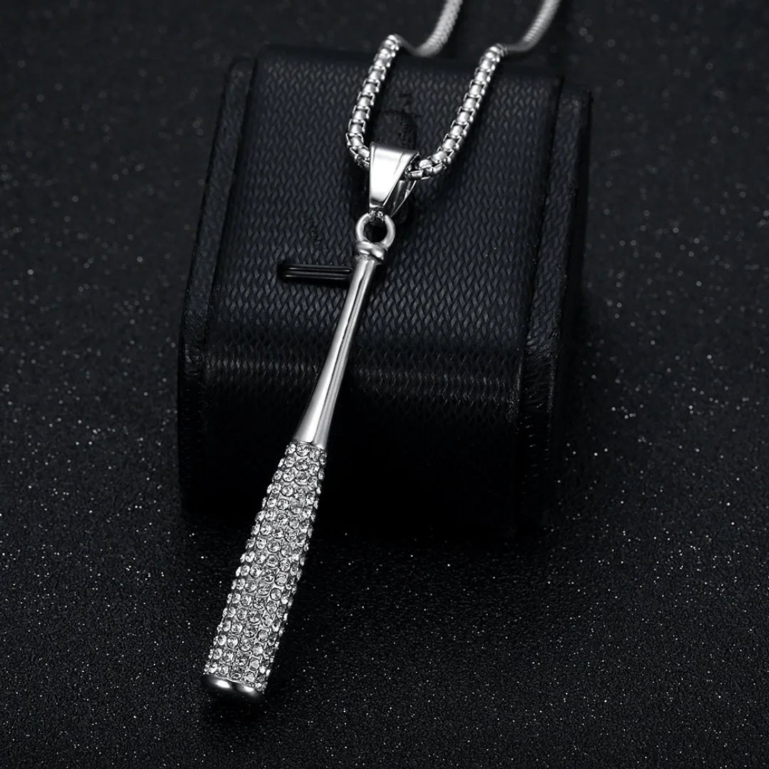 Iced Out Baseball Bat Pendant Necklace — Two-Tone Steel