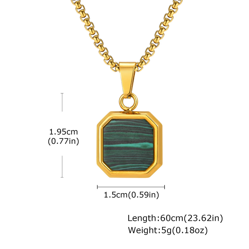Fashion High Quality Natural Stone Square Pendant Stainless Steel Long Chain Necklace Trendy Simple Popular Jewelry for Men Gift