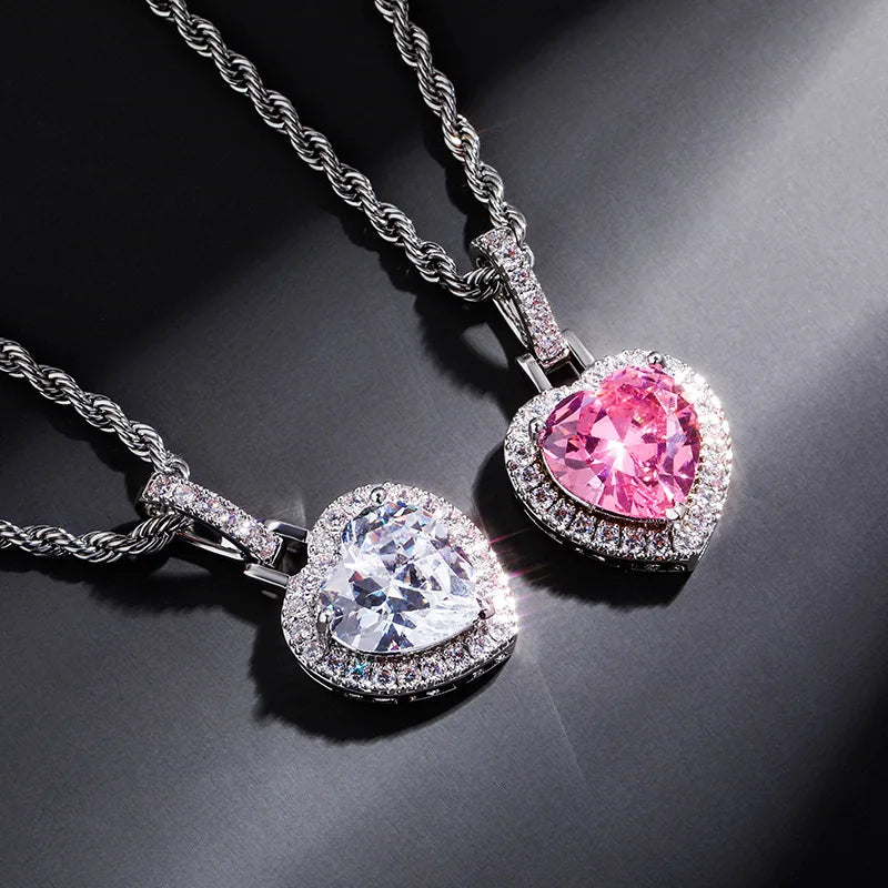 Iced Out Heart Pendant Necklace Stainless Steel CZ