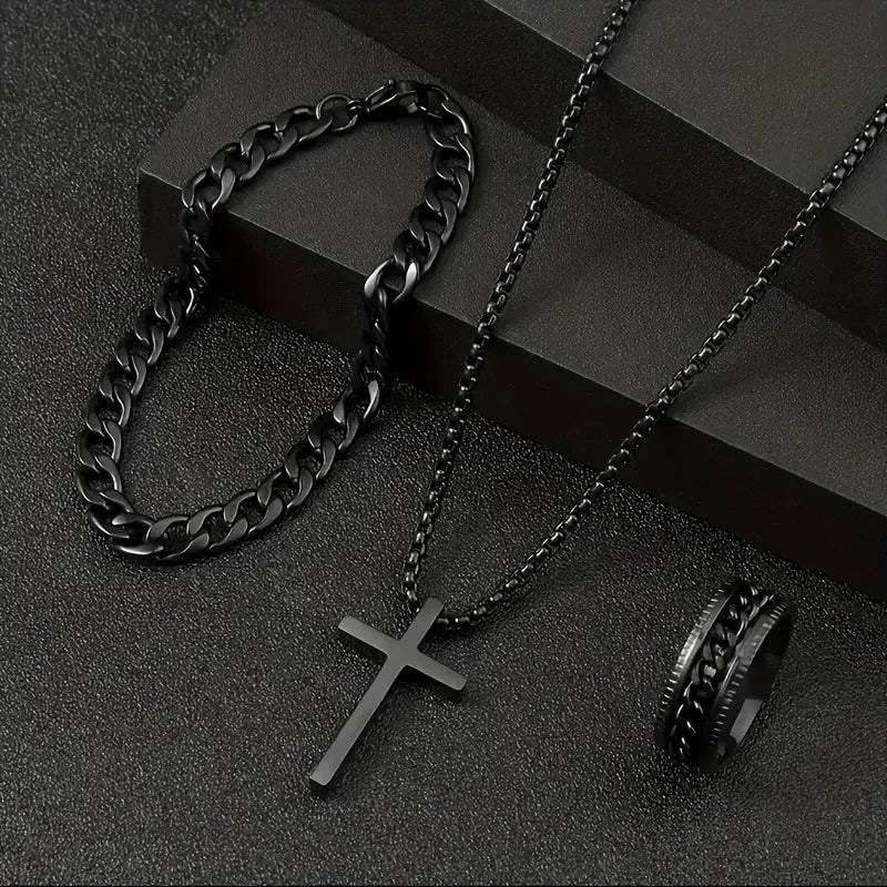 Cuban Cross Pendant Necklace Bracelet Ring Set — Stainless Steel