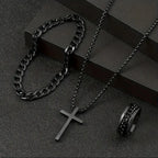 Cross Pendant Necklace Cuban Link Bracelet&Ring 3pcs Set Hip‑Hop Trendy Minimalist Versatile Stainless Steel Jewelry Black/Steel