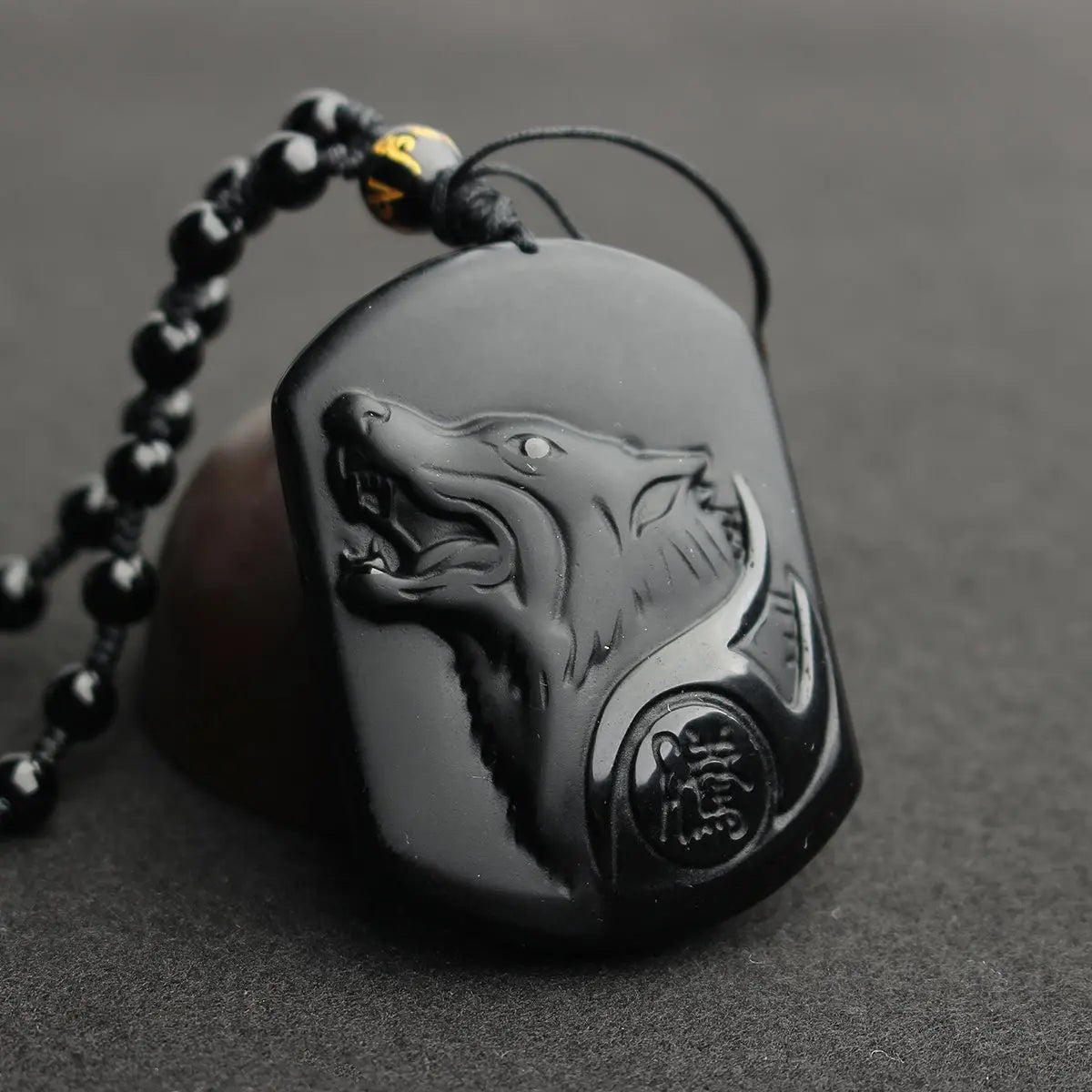 Obsidian Wolf Black Pendant Necklace