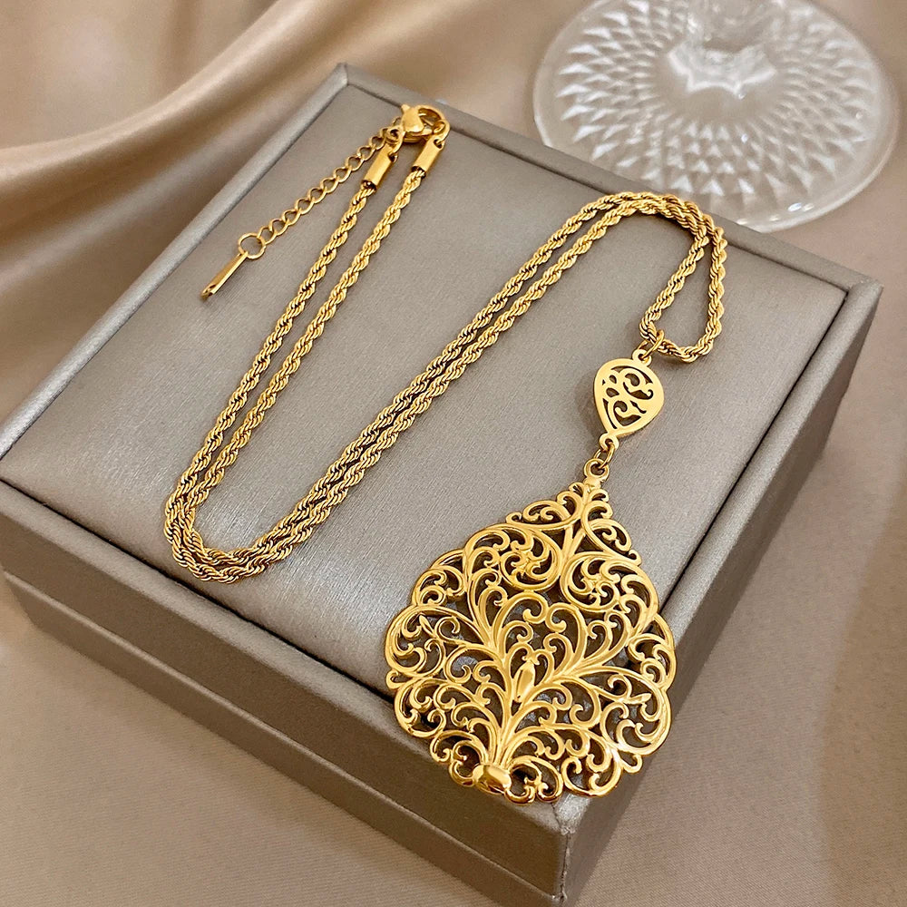 Greatera Vintage Embossment Teardrop Pendant Necklace For Women Men Chic Hollow Artistic Design Stainless Steel Jewelry Party