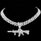 Men Women 14MM Cuban Chain AK47 Gun Pendant Necklace Iced Out AAA Rhinestone Prong Miami Cuban Link Chain Hip Hop
