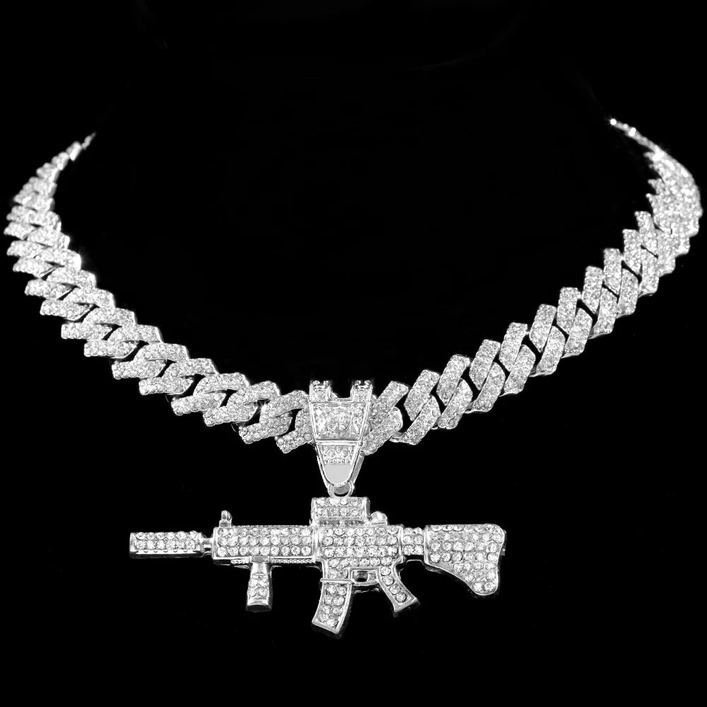 Men Women 14MM Cuban Chain AK47 Gun Pendant Necklace Iced Out AAA Rhinestone Prong Miami Cuban Link Chain Hip Hop