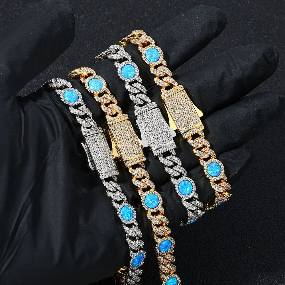 Cuban Iced Out Gold Necklace Blue Opal CZ