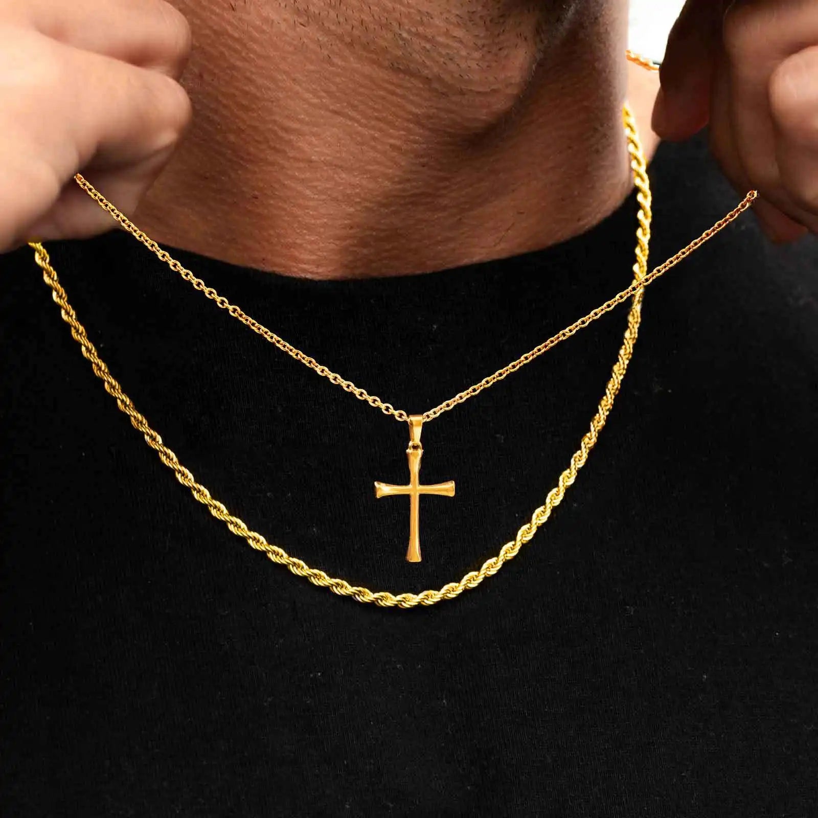 Cross Gold Sweater Chain Necklace — Stainless Steel