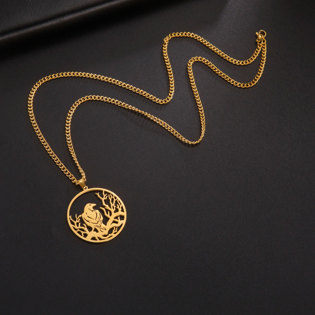 LIKGREAT Crow Raven Pendant Necklaces Norse Mythology Stainless Steel Gothic Necklace for Men Vintage Jewelry