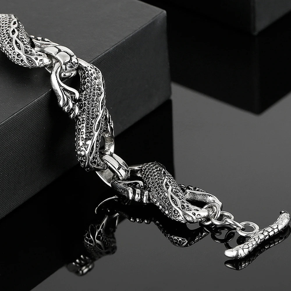 Massive Chinese Dragon Head Cuff Men's Bracelets Vintage Stainless Steel Loong Body Chain Bracelet for Man Gothic
