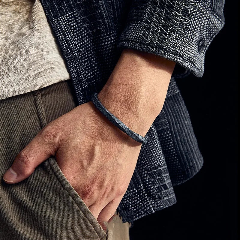 HX Mens Black Rattan Mobius Loop Bracelet Unique Vintage Style Adjustable Open Cuff Fashion Accessory