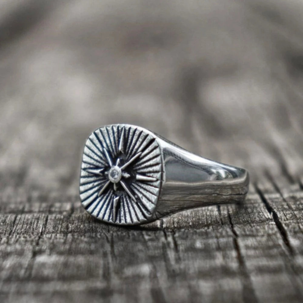 Nautical Biker CZ North Star Compass Signet Ring For Men Hip Hop Punk Cross Stainless Steel Vintage Party Jewelry