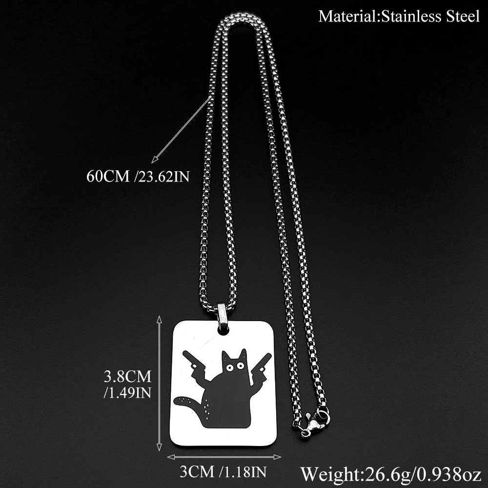 Funny Cat Take Gun Pendant Necklace For Women Men Stainless Steel Silver Color Hiphop Punk Y2K Street Chain Jewelry Accessory