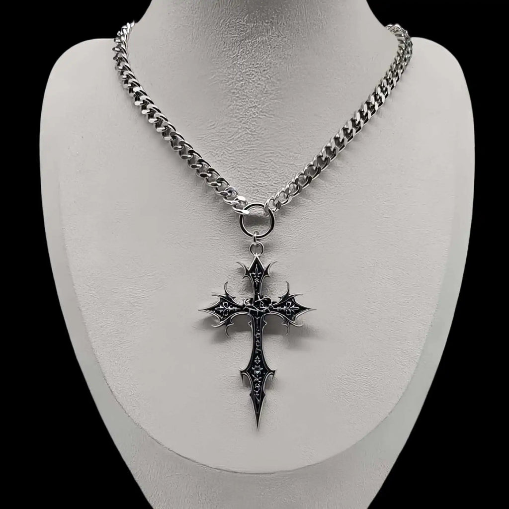 Gothic Rose Cross Pendant Choker Necklace — Stainless Steel