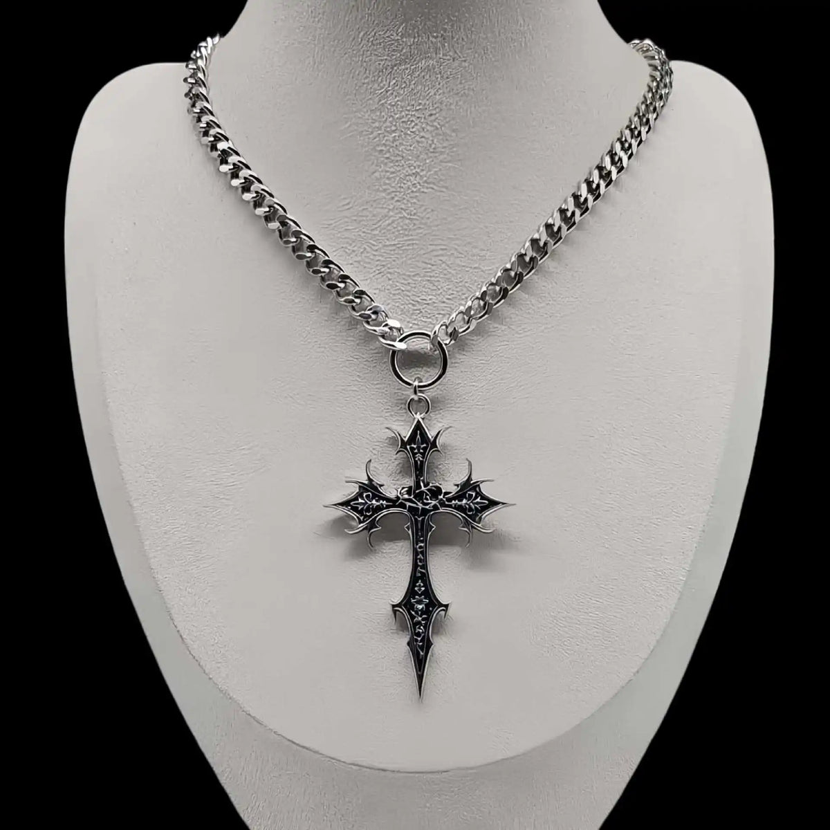 Gothic Rose Cross Pendant Choker Necklace — Stainless Steel