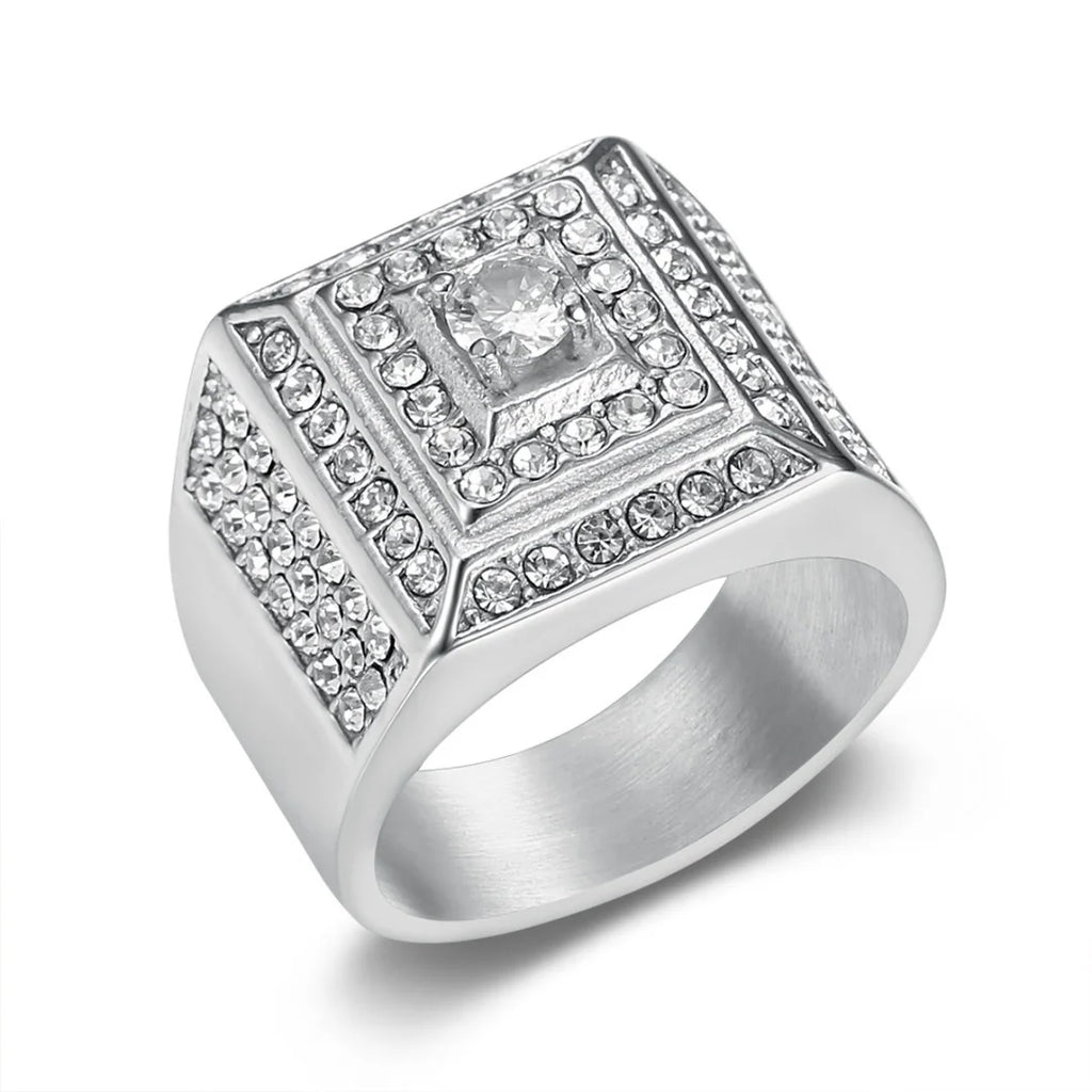 Iced Out Crystal Zircon Square Ring — Stainless Steel