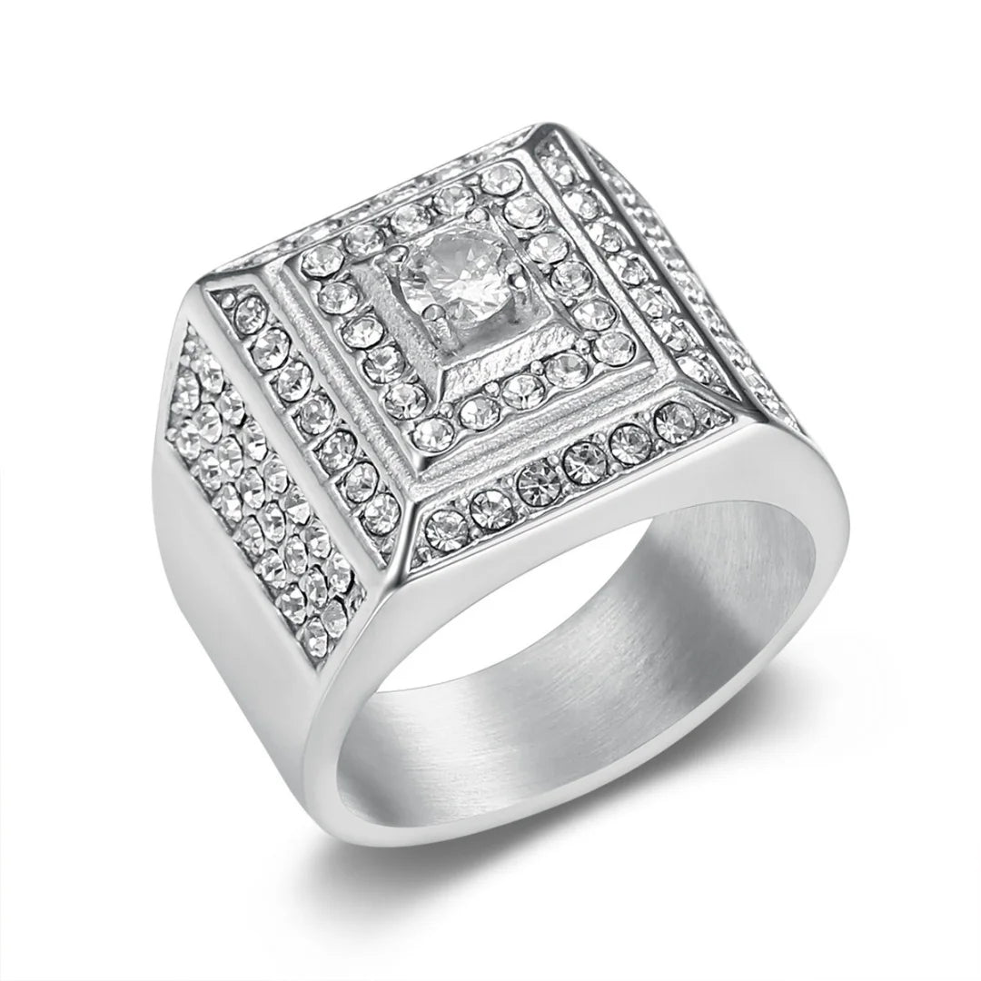 Iced Out Crystal Zircon Square Ring — Stainless Steel