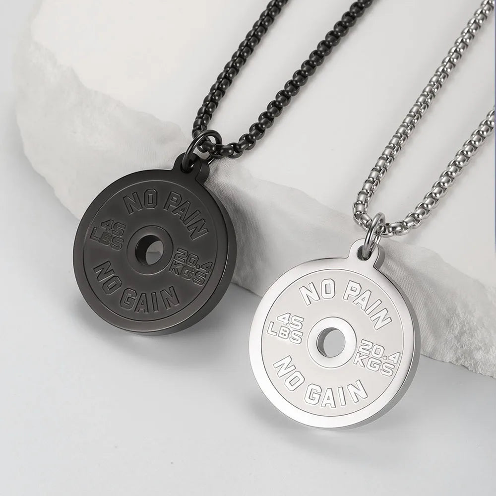 1PC  ING Fadeless Stainless Steel Round Dumbbell Pendant Necklace for Men NO PAIN NO GAIN Fitness Necklace Man Spiritual Jewelry