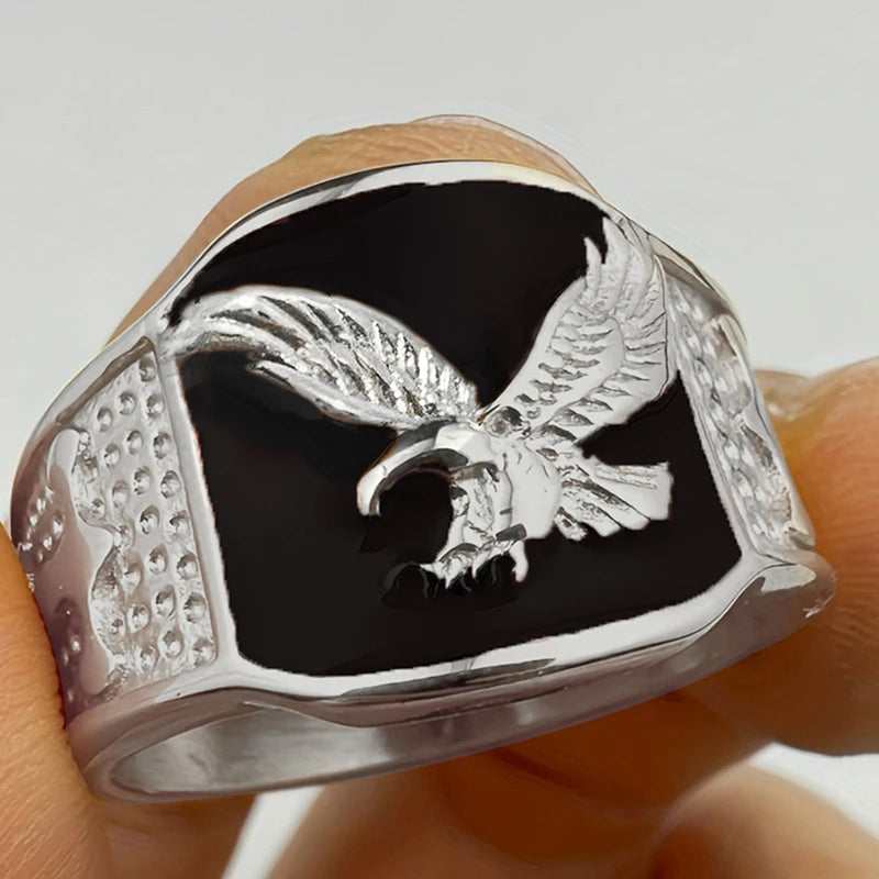 Soaring Eagle Enamel Ring — Wide Band, Gold & Silver Color