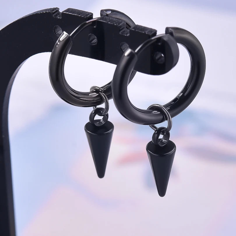 Spike Cone Drop Huggie Hoop Earrings for Men — Stainless Steel