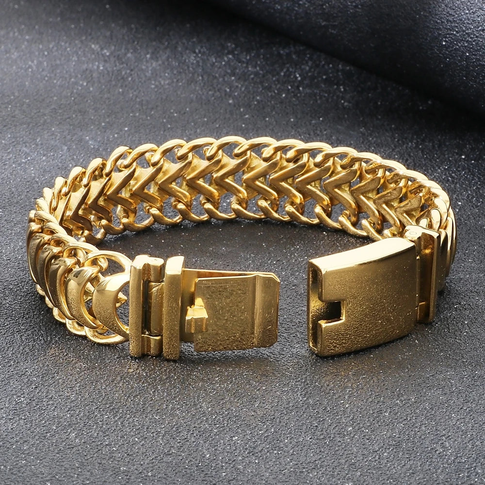 Hiphop Male Bracelets for Man Gold Color Stainless Steel 19MM Width Keel Curb Link Chain Men's Bracelets Christmas