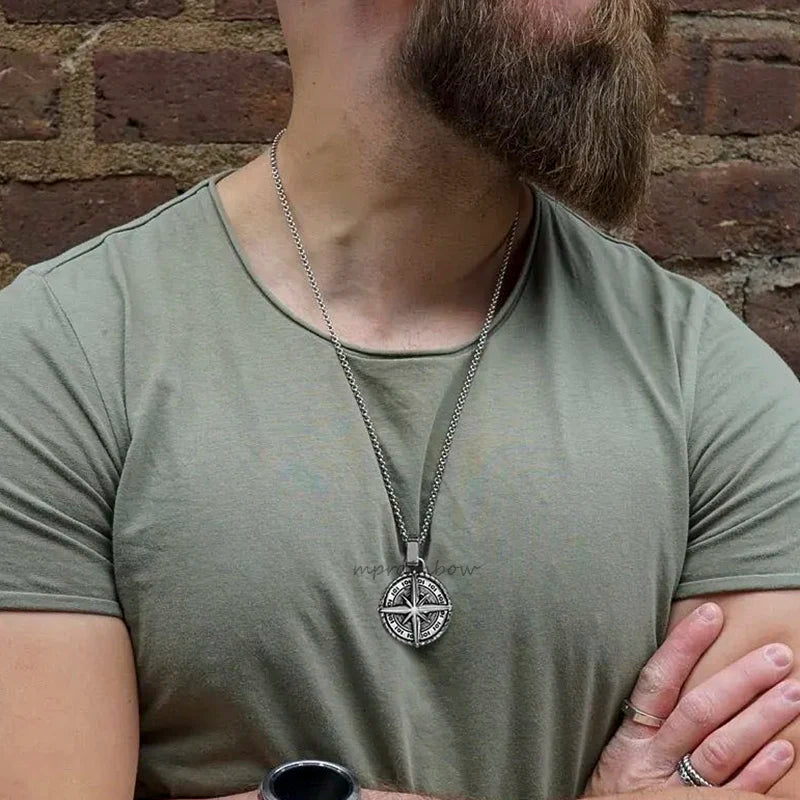 North Star Men Necklace ,Stainless Steel Compass Pendant,Mens Jewelry, Coin Form Handmade Necklace