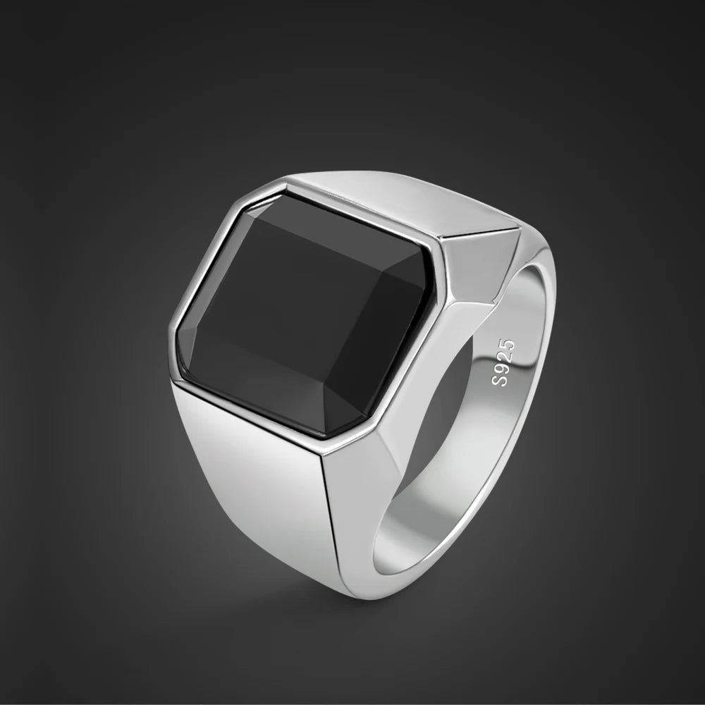 100% 925 Sterling Silver Men Black Onyx Square Agate Signet Ring Woman Index Finger Ring Sizes 6 to 13 Band Boy Jewelry