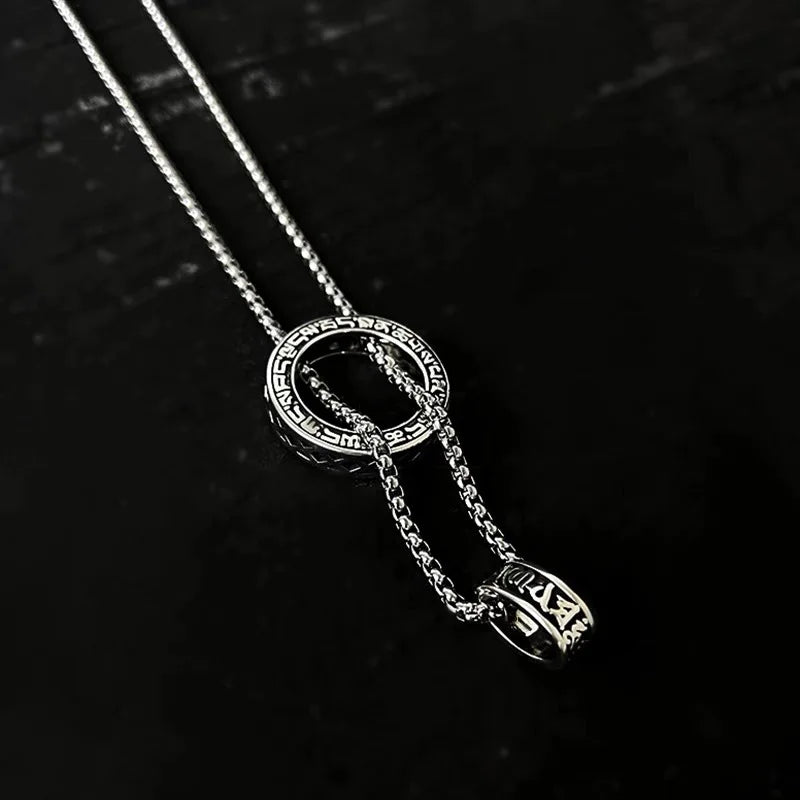 Retro   Six Character Mantra Double Ring Pendants Rotating Male Artistic Personality Versatile Necklaces Fashion Jewelry