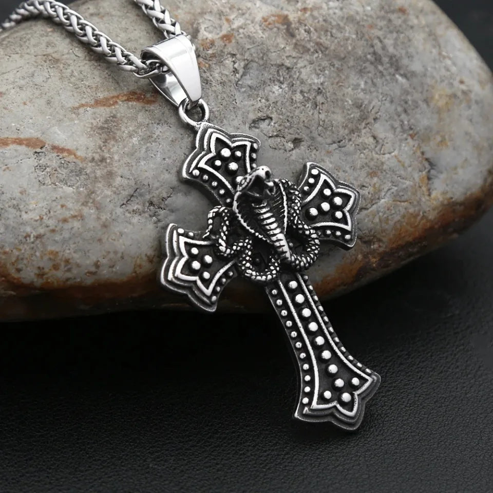 Vintage Stainless Steel Snake Necklaces For Men Women Gothic Hip Hop Cross Pendant Fashion Personality Biker Jewelry