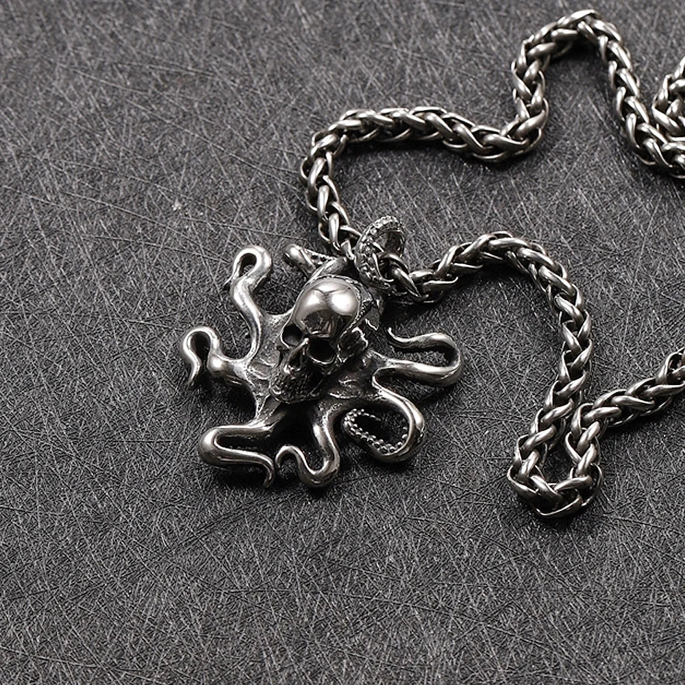 Gothic Pirate Octopus Skull Necklace Pendant Men Retro Street Rock Stainless Steel Octopus Necklace Chain Jewelry