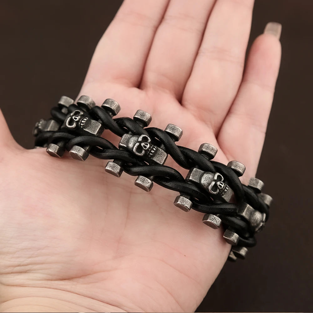 Skull Leather Bracelet Black — 316L Stainless Steel