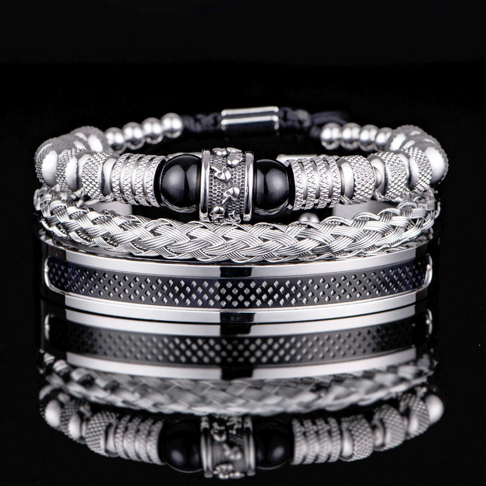 3pcs Set Men Bracelet Stainless Steel Rope Bangles Men Skull Bracelets with Tigereye Natural Stone Gift Accessories