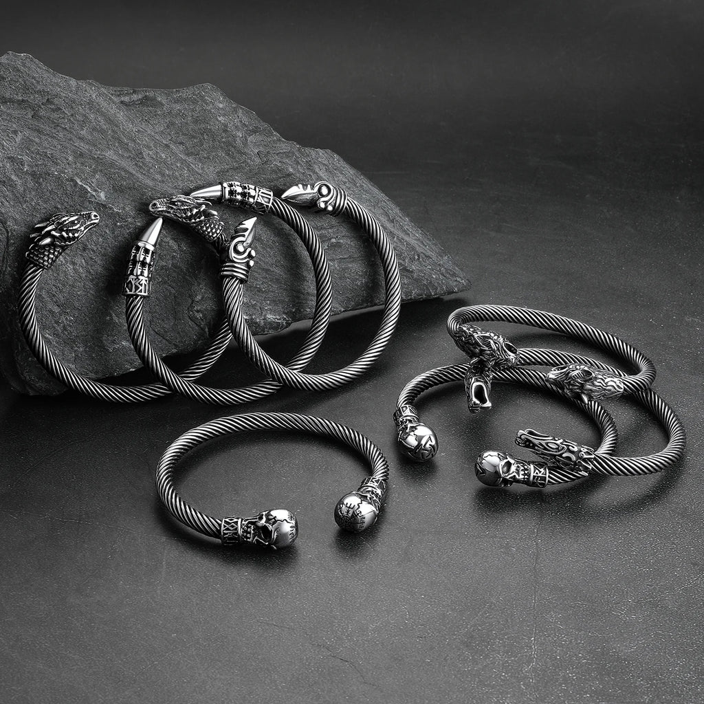 U7 Stainless Steel 6mm Wide Twristed Cable Open Bangle Cuff for Man Skull Dragon Long Charm End Rock Gothic Punk Jewelry Gift