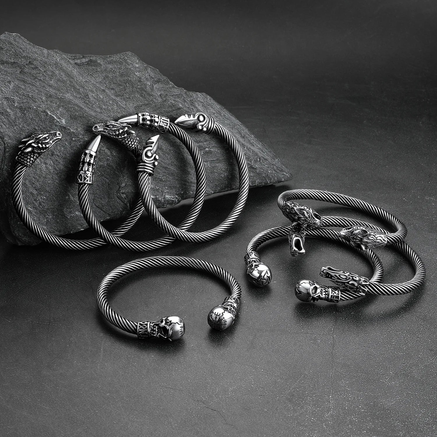 U7 Stainless Steel 6mm Wide Twristed Cable Open Bangle Cuff for Man Skull Dragon Long Charm End Rock Gothic Punk Jewelry Gift