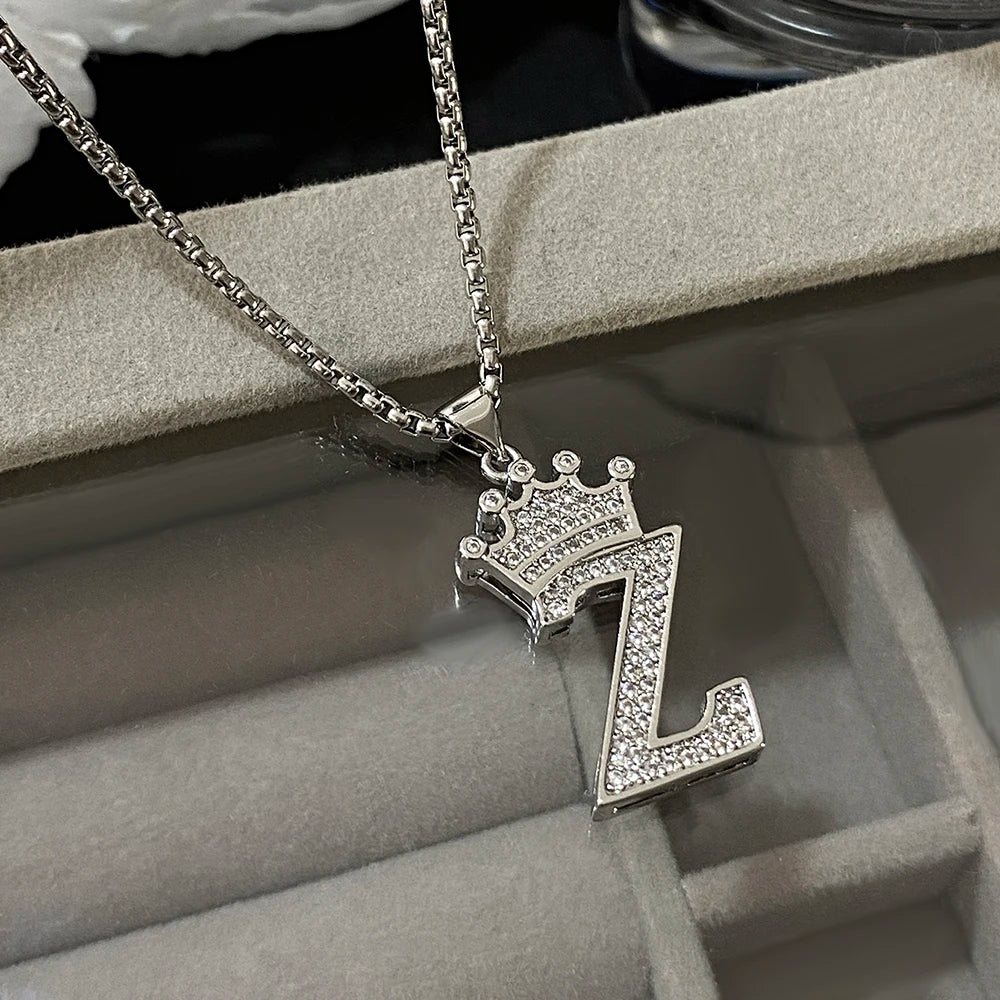 Freetry 26 Letters A-Z Zircon Crown Pendant Necklace for Women Men Punk Initial Alphabet Necklaces Hip Hop Choker Chain