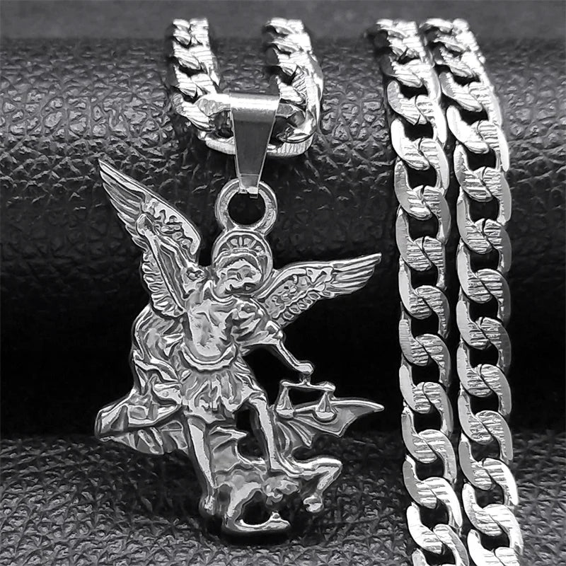 SAINT MICHAEL PROTECT US Archangel Stainless Steel Pendant Necklace for Women Men Gold Color Necklace Choker Jewelry