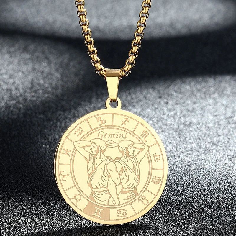 Stainless Steel Zodiac Sign Necklace For Women Men 12 Constellation Libra Symbol Pendant Necklace Amulet Collar Men Jewelry Gift