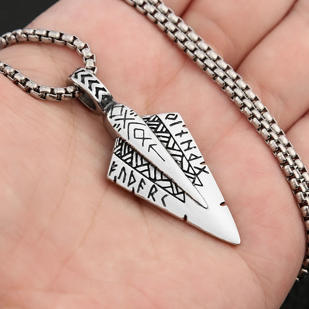 Viking Rune Arrowhead Pendant Necklace — Steel