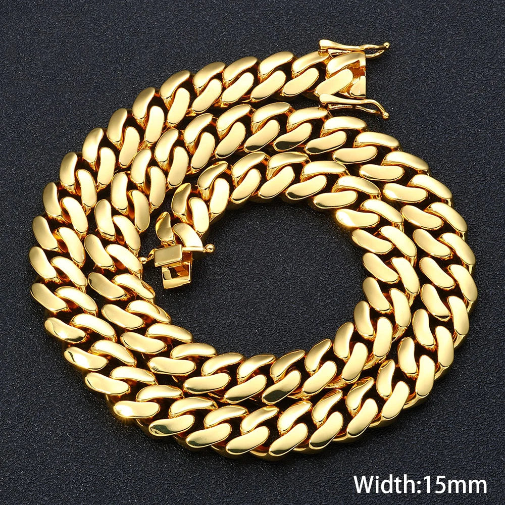 Gold Cuban Chain Necklace 15MM Smooth 18K