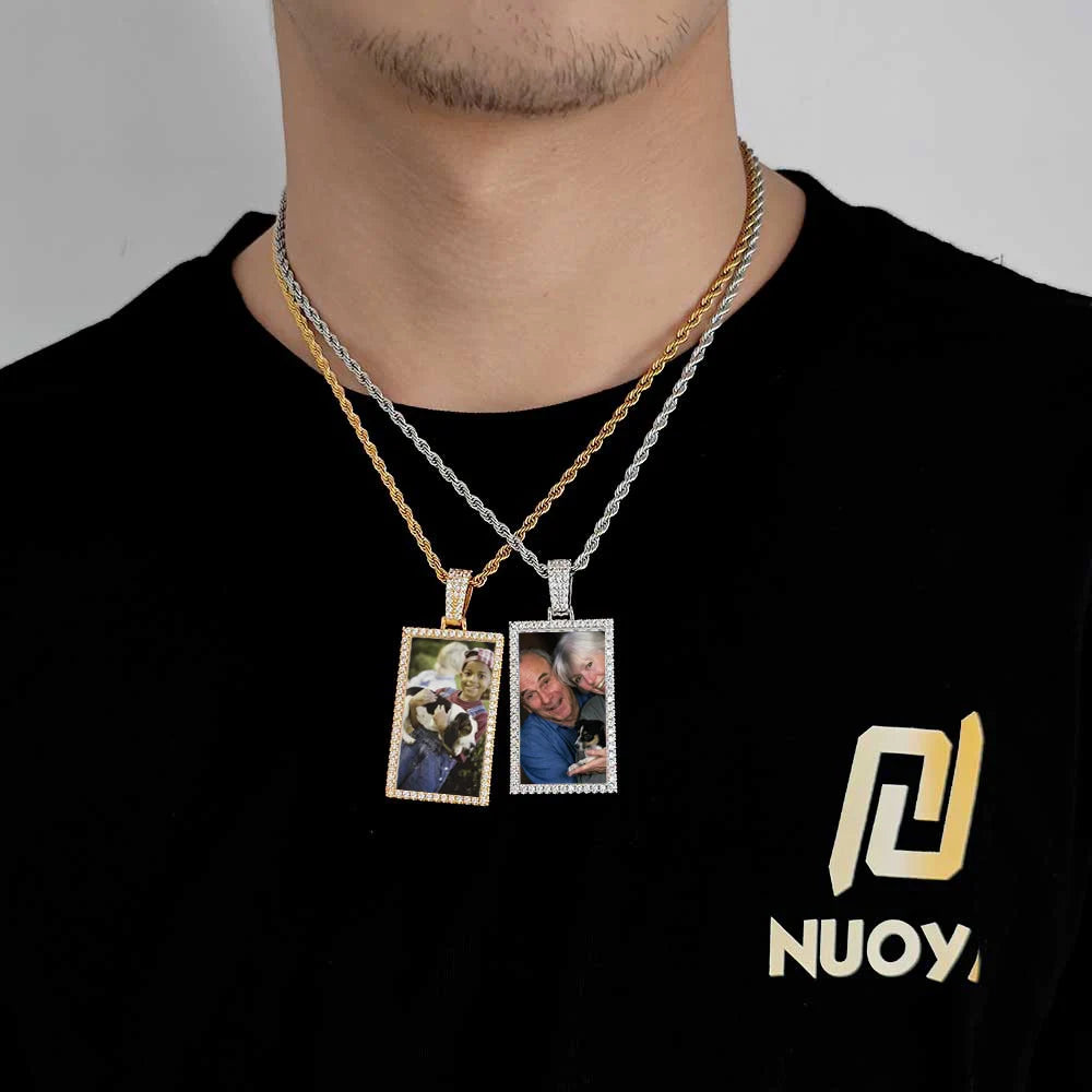 Iced Out Photo Pendant Necklace Rectangle