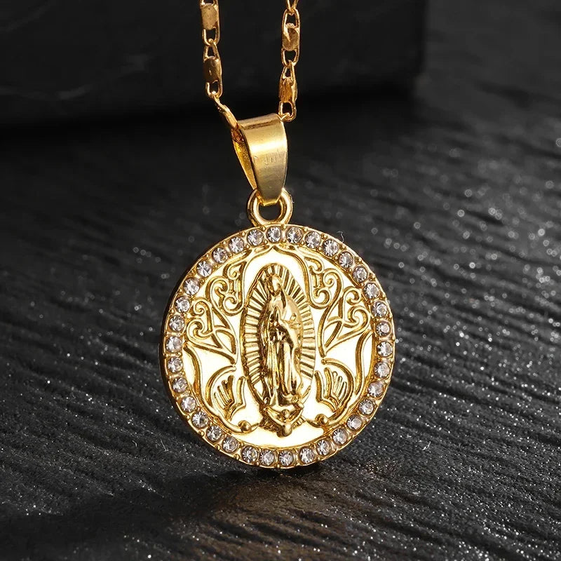 Virgin Mary Medal Iced Pendant Necklace